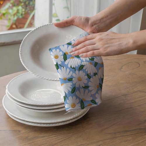 Daisy Waffle Kitchen Towel - Quick Dry Microfiber Sustainable Dish Towels - Ultra Absorbent Reusable Cleaning Tea Towels for Bathroom Kitchen - Lightweight Hand Towel, 24x14 Inch, Daisy Dreams - color: Daisy Print