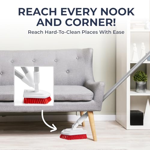 Shower Scrubber with Long Handle, Stiff Bristles Grout-Brush, Tub Scrub-Brush with Long-Handle, Shower-Cleaner Brush, Grout Cleaning Brush for Tile floors, Scouring Pad & Microfiber Cloth for Bathroom - color: White