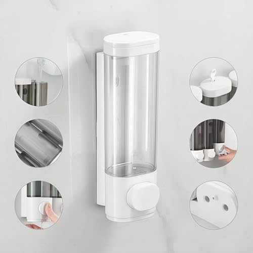 White Manual Bathroom Wall Mounted Soap Dispenser, 10oz/300ml Single Bathroom Shampoo and Conditioner Dispenser, Clear Plastic Refillable Liquid Lotion Pump Dispenser and Organizer - color: White