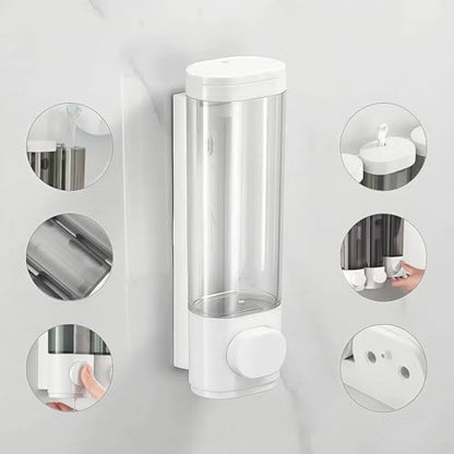 White Manual Bathroom Wall Mounted Soap Dispenser, 10oz/300ml Single Bathroom Shampoo and Conditioner Dispenser, Clear Plastic Refillable Liquid Lotion Pump Dispenser and Organizer - color: White