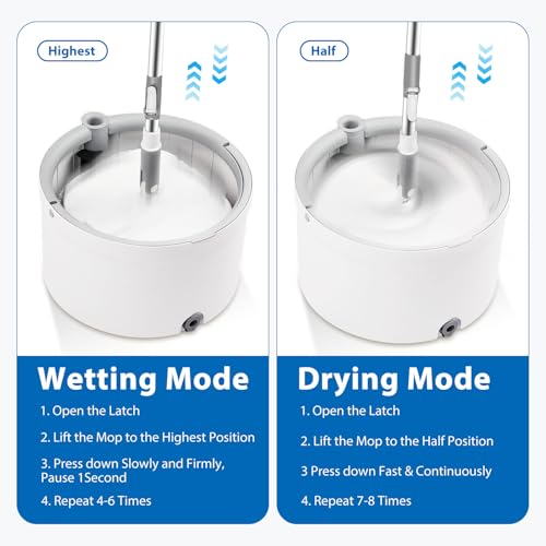 Spin Mop and Bucket with Wringer Set, 360° Spinning Mop Bucket with Separate Dirty and Clean Water System with 3 Microfiber Mop Pads and 52" Stainless Steel Adjustable Handle for Floor Wall Cleaning - color: White-2