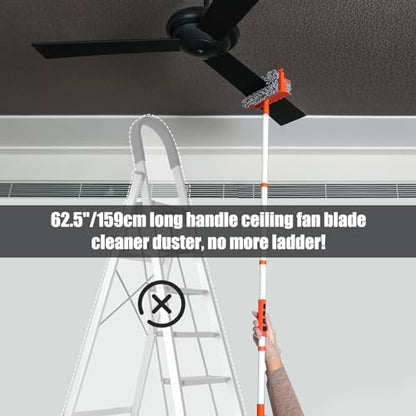 Qaestfy Ceiling Fan Cleaner Duster with 62.5‘’ Extendable Long Handle Ceiling Fan Blade Cleaning Tool, Reusable Chenille & Microfiber Mop Head for Dusting Ceiling Fan Baseboard Wall Floor