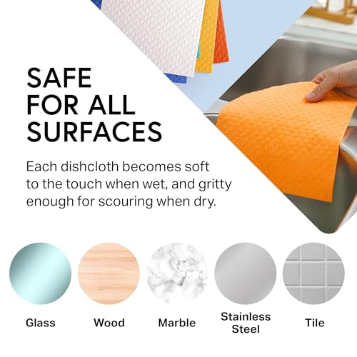 Swedish Wholesale Dishcloths Reusable 8" x 7" Sponge Cloths, Bulk 10 Pack of High Absorbent Cellulose Dish & Kitchen Cleaning Hand Towels, Wring to Dry & Machine Wash, Odor Resistant, White - color: White