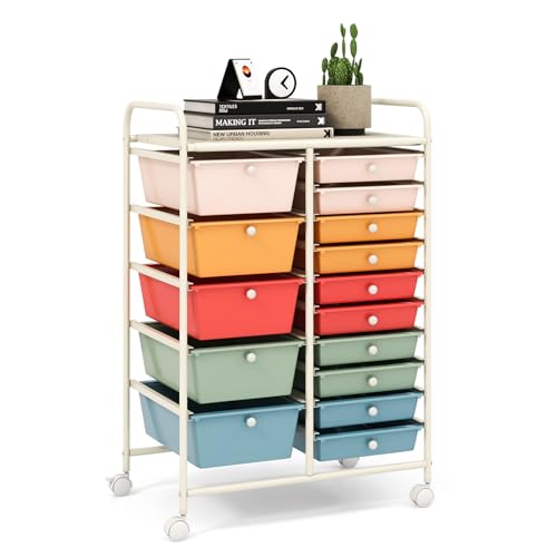 LDAILY 15 Drawer Rolling Storage Cart, Rolling Cart with Drawers for Classroom, Art Supply Craft Organizer on Wheel with Metal Frame & Handles for Home Office School - color: Macaron, size: 15 Drawer