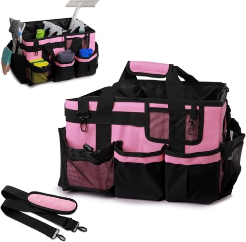 Large Cleaning Caddy Bag with Built-in Support Board, Wearable Cleaning Supplies Organizer with Adjustable Shoulder Strap & Waist Belt, Waterproof Heavy Duty Tote for Housekeepers Car Detailing - color: Black-Pink