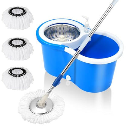 360° Spin Mop & Bucket System – 20QT Floor Cleaning Set with 3 Microfiber Mop Heads & 61" Adjustable Stainless Steel Handle for Effortless, Streak-Free Cleaning-Blue - color: Blue