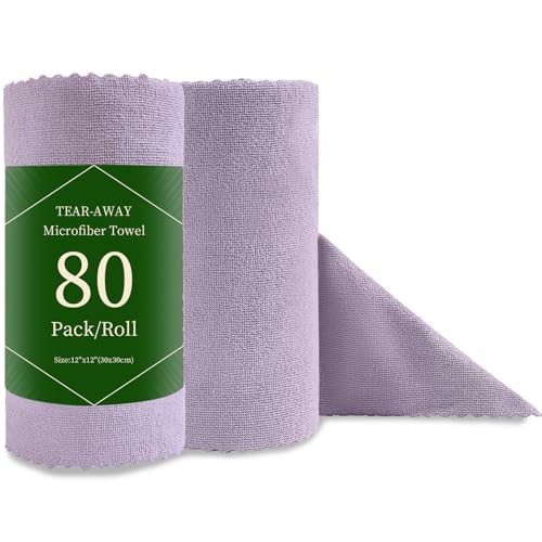 Jessy Home 80 Pack Microfiber Cleaning Cloth Roll Reusable Paper Towels 12"x12" Tear Away Cloth, Microfiber Towels for Cars, Wash Cloths, Lint Free Rags for House, Kitchen,Window,Cleaning Supplies - color: Light Purple