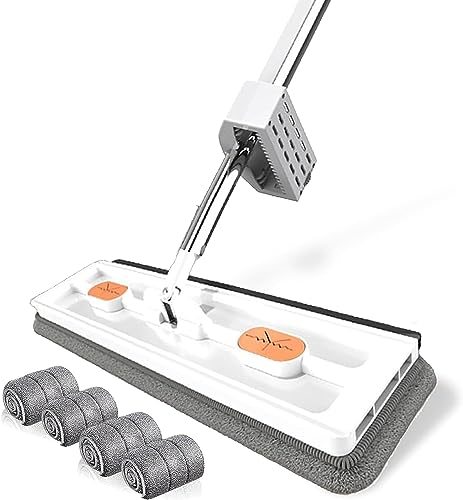 Large Flat Mop - 360° Rotating Mop with Dewatering Scraper, Djustable Stainless Steel Long Handle with 2 Microfiber Pads 12027(54" White,+4 Pads) - color: 54" White, size: +4 Pads