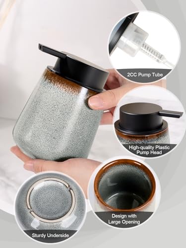 INGOFIN Ceramic Foaming Soap Dispenser -12oz Foam Hand Soap Dispenser Bathroom, Modern Refillable Dish Wash Soap Bottle for Kitchen with Large Pump,Kiln-Glazed - color: Kiln-glazed Grey White -Foam