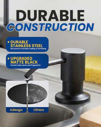 Built in Kitchen Sink Soap Dispenser: Stainless Steel Pump Head with 17 Ounce Large Soap Bottle, Easy Top Refill Design – No Bending Down for Countertop, Matte Black - color: Matte Black
