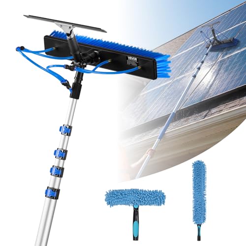 VEVOR Solar Panel Cleaning Kit, 26 ft, Water Fed Pole Kit with Cleaning Brush, Squeegee, Soap Dispenser, Extendable Aluminum Telescopic Pole, 180° Rotatable Brush Head, for Roof Mounted Solar Panels - size: 26 Ft