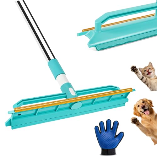2-in-1 Carpet Rake for Pet Hair Removal, Silicone & Metal Dual-Sided Carpet Rake with 52” Telescopic Adjustable Long Handle, Pet Hair Remover Tool Kit for Rugs/Mats/Sofa Cat Dog Hair