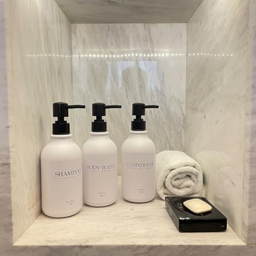 Shampoo Dispenser for Shower Wall, Shampoo and Conditioner Dispenser with 16 Waterproof Labels, No Drill Shower Soap Dispenser Bathroom, Shower Soap Dispenser Wall Mounted,17oz, 3 Pack, Black White - color: 1-white Bottle + Black Pump