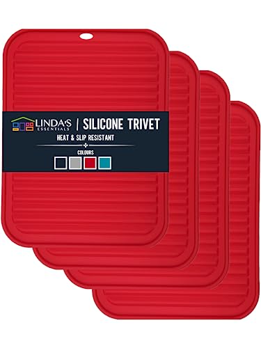 Silicone Trivets for Hot Dishes, Pots, Pans (4 Pack) - Heat-Resistant Pot Holders for Kitchen Countertop Mats - Silicone Trivet Mat (9 x 12 Inch) - Multipurpose Counter Pads (Red) - color: 4 Pcs Rectangle - 9x12 Inches - Red