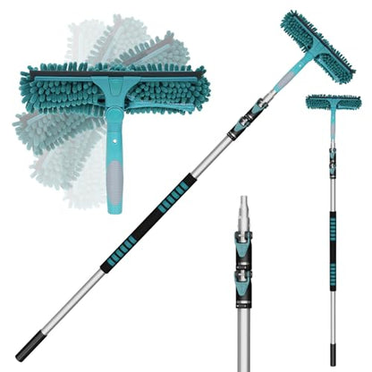 TelesPro 20 Feet High Reach Window Squeegee with 5-12Ft Extension Pole, Window Cleaner Tool with 3-Stage Telescoping Pole, Window Cleaning Kit with Rotatable Head (2 Squeegee & 2 Microfibre Cloths) - size: 12 FT