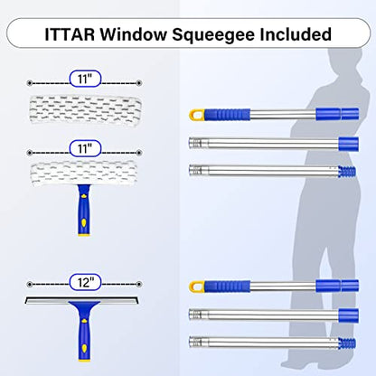 ITTAR Window Squeegee with 2 Sets Separate Pole, 12" Rubber Squeegee and 11" Microfiber Pads, 60"-73.6" Telescopic Window Cleaning Kit with Rotating Head for High Windows, Shower Glass, Car Windshield