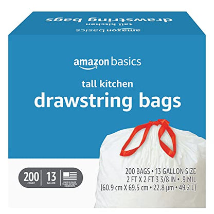Amazon Basics Tall Kitchen Drawstring Trash Bags, Sturdy, 13 Gallon, Unscented, 200 Count - size: 200 Count (Pack of 1)