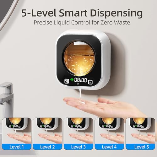 Automatic Liquid Soap Dispenser, Wall Mounted Soap Dispenser, 320ML Electric Touchless Rechargeable, Smart Display & 5‑Level Adjustable, No-Drill Waterproof for Bathroom, Kitchen (White) - color: White