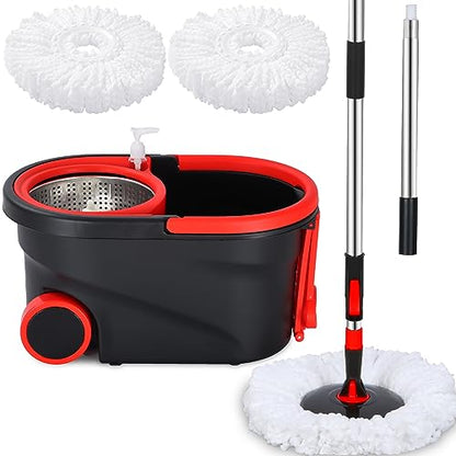 Spin Mop and Bucket with Wringer Set on Wheels, 360° Spinning Mop Bucket System with 3 Microfiber Mop Replacement Heads and 61" Stainless Steel Adjustable Handle for Floor Cleaning - color: Black-3