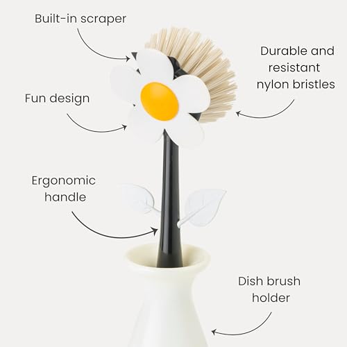 Vigar Flower Power Dish Brush - Flower-Shaped, Dish Brush with Handle and Vase Holder, Scrub Brush for Dishes, Dishwashing Brush, Kitchen Scrub Brush, Pot Scrubber, Kitchen Essentials - White, Black - color: White