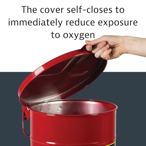 Justrite 10 Gallon Galvanized Steel Oily Waste Can, 18" x 14" Metal Oil Rag Safety Can with Hand Operated Self-Closing Lid for Oil Rag Disposal, Made in The USA, Red, 09310 - color: Red, size: 10 Gallon, style: Hand-Operated Lid