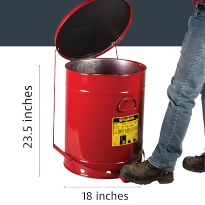 Justrite 21 Gallon Galvanized Steel Oily Waste Can, 23.5" x 18" Metal Oil Rag Safety Can with Quiet Foot Operated Self-Closing Lid for Oil Rag Disposal, Made in The USA, Red, 09708 - color: Red, size: 21 Gallon, style: Foot-Operated Quiet Lid