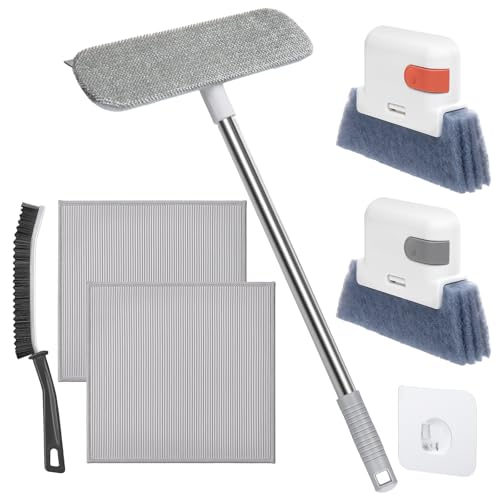XANGNIER Window Screen Cleaner & Track Cleaning Kit-Mesh Screen Cleaner Brush with Extension Pole,Window Sill and Track Cleaner Tool Washing Equipment,28″Detachable Long-Reach Handle,Wet&Dry Dual-Use