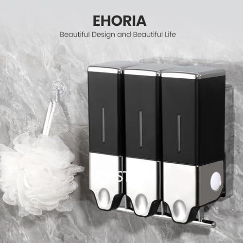 EHORIA 3-in-1 Quadrate Dispensers for The Shower,Shower soap Dispenser,Conditioner Dispenser, Shampoo Dispenser,No Drilled Wall Mounted Distributor,Hotel,Bathroom,Home - color: Triple, Black