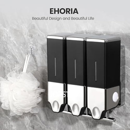 EHORIA 3-in-1 Quadrate Dispensers for The Shower,Shower soap Dispenser,Conditioner Dispenser, Shampoo Dispenser,No Drilled Wall Mounted Distributor,Hotel,Bathroom,Home - color: Triple, Black