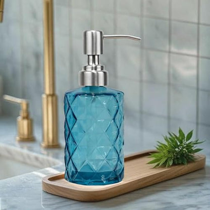 12Oz Blue Glass Soap Dispenser with Stainless Steel Pump, Refillable Kitchen Liquid Hand Soap Dispenser with Diamond Design, for Dispense Hand soap, Dish Soap, Lotion, Bathroom, Countertop, Hotel - color: Diamond Blue