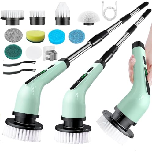 Electric Spin Scrubber Cordless Cleaning Brush with Extension Handle, 2 Adjustable Speeds, Shower Scrubber with 10 Replaceable Brush Heads, IPX7 Waterproof Power Scrubber for Bathtub Tile Floor, Green - color: Green