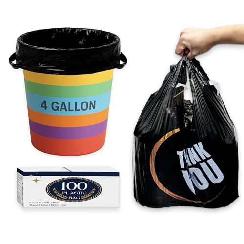 4 Gallon Small Black Trash Bags with Handles 100 Count, 11" x 21" Plastic Garbage Bags for Home, Kitchen, Office, Bathroom Thank You T-Shirt Style Bags for Small Business, Takeout, Grocery Use - style: Black 100