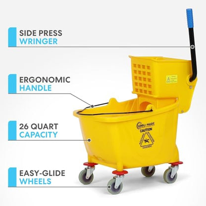 SIMPLI-Magic Side Press Wringer Combo Commercial Mop Bucket on Wheels, 2-Pack, 35 Quart, Yellow, Including Wet Floor Caution Sign and Mop Set, Polyethylene - size: Two Pack