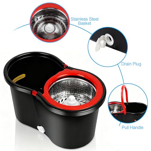 Spin Mop and Bucket with Wringer Set, 360°Rotating Head Mop Bucket System, 3 Replacement Mop Heads for Floor Cleaning (Black & Red) (Three mop Heads)