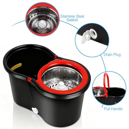 Spin Mop and Bucket with Wringer Set, 360°Rotating Head Mop Bucket System, 3 Replacement Mop Heads for Floor Cleaning (Black & Red) (Three mop Heads)