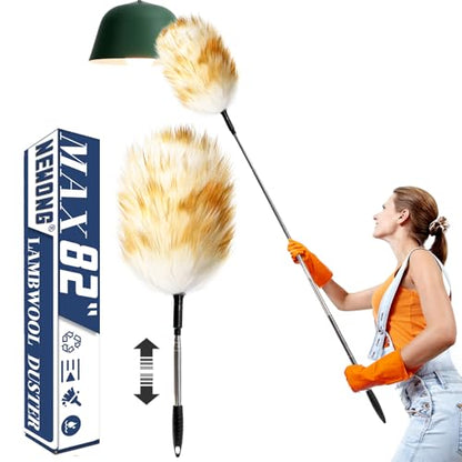 Extendable Lambswool Duster 82inch with Aluminium Alloy Handle, Natural Long Feather Duster for Cleaning Fans, Ceiling, Bookshelevs, for Home&Office