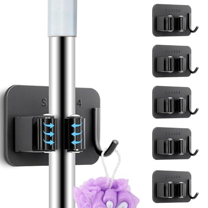5 Pack Heavy Duty Mop and Broom Holder Wall Mount, No Drill Self Adhesive Stainless Steel Hanger with Hooks, Anti-Slip Tool Organizer for Bathroom, Kitchen, Garage, Laundry Room (5, Black) - color: Black-5