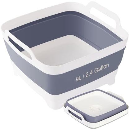 Collapsible Dish Basin & Sink Tub with Drain Plug – 2.4 Gal Baby Bottle Wash Basin, Bottle Washing Bin for RV, Camping, Kitchen | Collapsible Water & Bottle Basin (Grey) - color: Grey 1