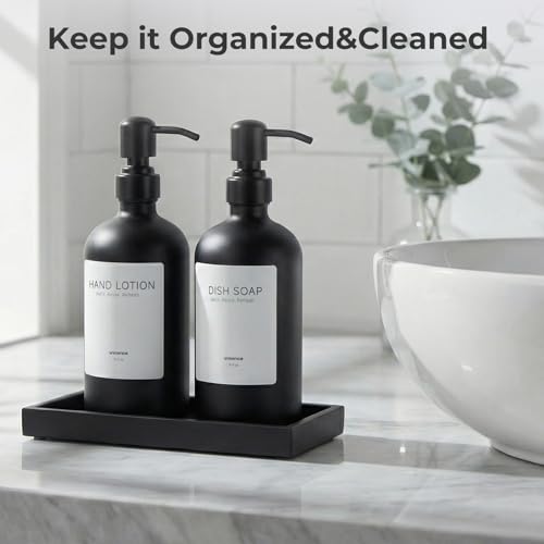 2 Packs Glass Dish Soap Dispenser Set for Kitchen, Hand and Dish Soap Dispenser with Stainless Steel Pump & Resin Tray, Rental-Modern Refillable Countertop Soap Dispenser for Bathroom,Matte Black - color: Matte Black