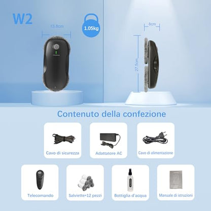 Tosima Window Cleaning Robot W2, Automatic Cleaning with Intelligent Path Planning, 3800Pa Suction Power, Edge Detection Technology, Remote Control - color: Black