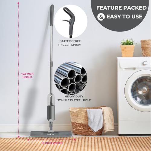 True & Tidy® SPRAY-250 Multi-Surface Spray Mop with Refillable Water Bottle for Floor Cleaning, Works on Wood, Tile, Marble etc, Use Any Cleaning Solution, Machine Washable Microfiber Mop Pads, Gray