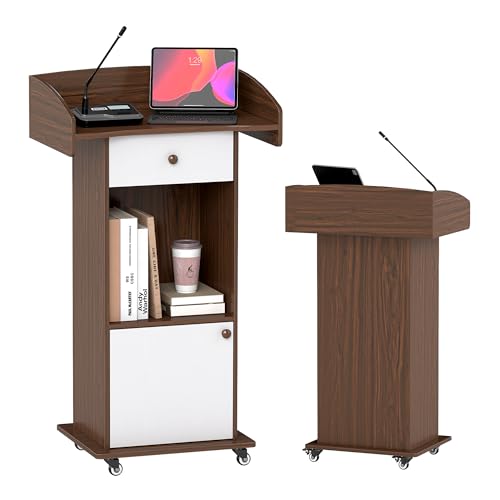 Podium Stand with Metal Wheels Wooden Lectern Podium Stand Portable Pulpit Standing with Storage Mobile Reception Podiums for Church Office School Conference Restaurant Meeting,Brown+Black - color: Brown& White