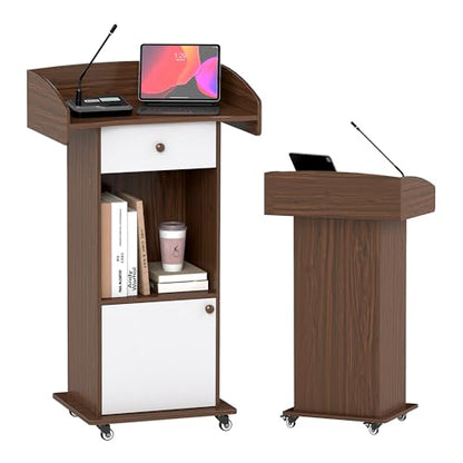 Podium Stand with Metal Wheels Wooden Lectern Podium Stand Portable Pulpit Standing with Storage Mobile Reception Podiums for Church Office School Conference Restaurant Meeting,Brown+Black - color: Brown& White