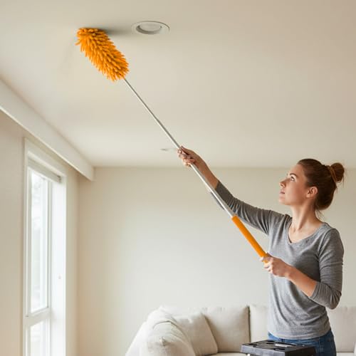 Dusters for Cleaning with Extension Pole, High Reach Extendable Microfiber Duster Washable Dust Cleaner for Ceiling Fan Cobweb Corner Furniture, Orange - color: Orange, size: 29.25 × 1.95 × 1.95 in