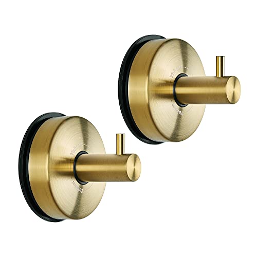 YOHOM Suction Cup Hooks for Shower Towel Holder Stainless Steel Vacuum Bathroom Shower Hook Suction Washcloth Hanger Kitchen Towel Rack for Robe Loofah Wreath Glass Door Window Wall Brushed Gold 2Pcs - color: 2 Gold