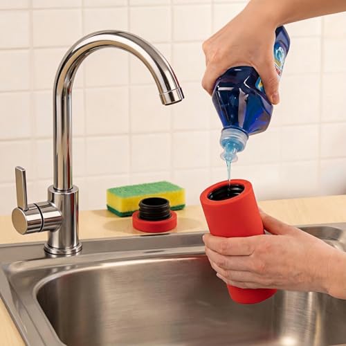 Dish Soap Dispenser for Kitchen, Silicone Squeeze Bottle for Dish Detergent (Red) - color: Red