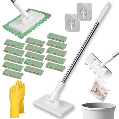 Snap Grip Minimop, No Wash Mop with Zero Touch Clip, Retractable Mini Mop for Gaps and Corners, Wet Dry Flat Mops with Locking Head for Home Multi Surface Cleaning (with 15 Reusable Cloths) - color: With 15 Reusable Cloths