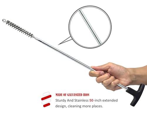 50 in Pipe Cleaning Brush Set with Stainless Steel Bristles, Wire Brush with 4pcs Galvanized Rod, Stainless Steel Pipe Brush 4pcs for Auto Parts, Bottles, Tubes. (3/5, 1, 1 3/5, 2 in Brush Heads)