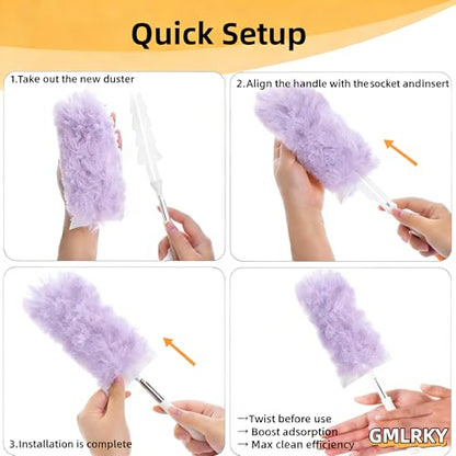 Heavy Duty Duster Refills, Disposable Dusters Kit for Cleaning Dusting Furniture Blind Ceiling Fan, Multi Surface 360 Feather Duster(10)+3FT Extended Handle（1） (pueple) - color: Pueple