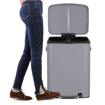 happimess HPM1005I Marco Rectangular 10.6-Gallon Double Bucket Trash Can with Soft-Close Lid, Fog Gray, Fingerprint Resistant, Modern, Minimalistic for Home, Kitchen, Office, Bedroom, Bathroom - color: Fog Gray